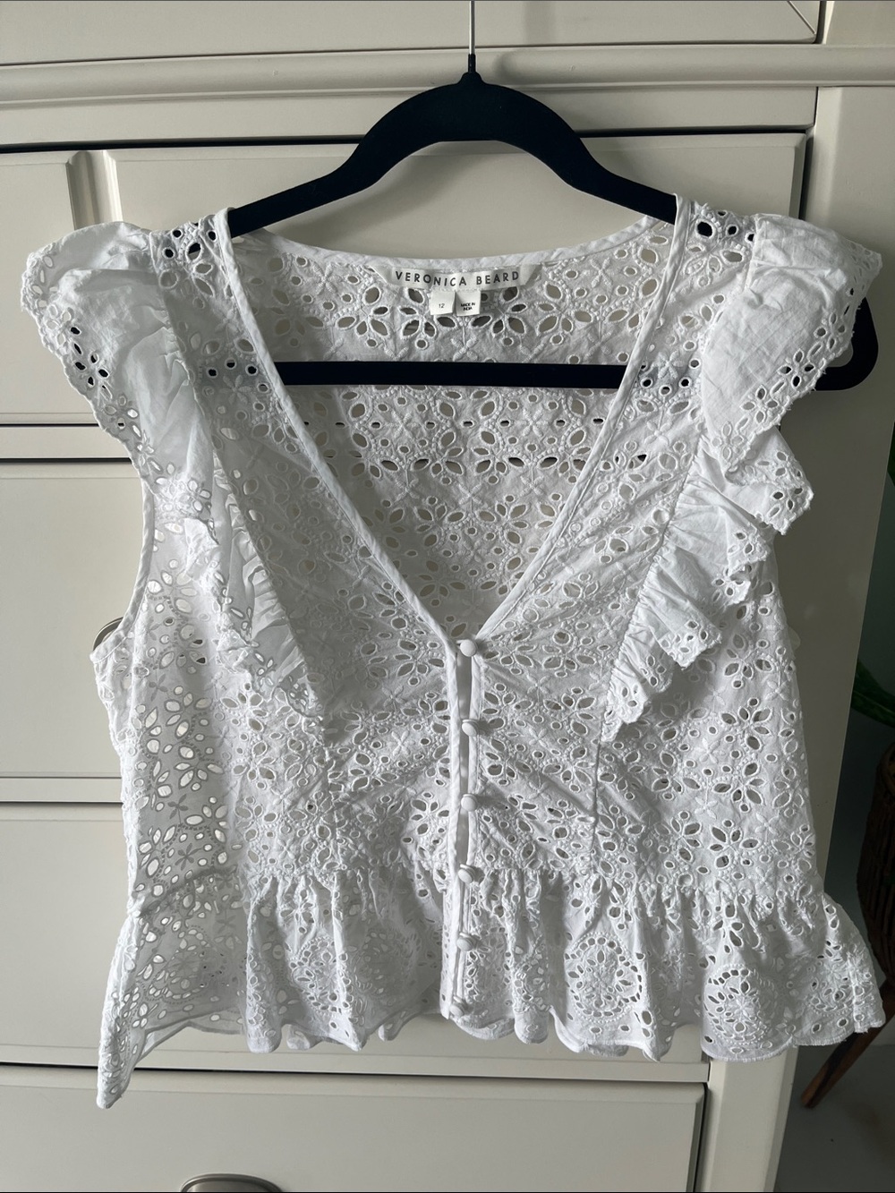 Veronica Beard Araya top-White Eyelet Ruffle Sleeveless Button-Front Top-12